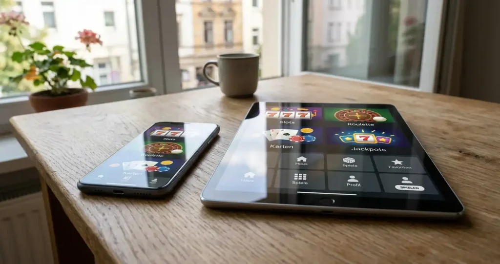 Smartphone auf einem Schreibtisch mit schematischen Spielkacheln und danebenliegendem Tablet