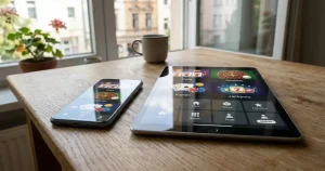 Smartphone auf einem Schreibtisch mit schematischen Spielkacheln und danebenliegendem Tablet