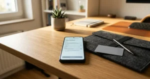 Schreibtisch mit Smartphone, neutralem Anmeldeformular und verdeckten Ausweisdokumenten