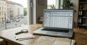 Notizblock neben Laptop mit abstrakten Registerseiten und markierten Domainnamen