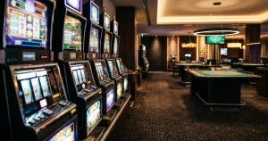 Casino-Lounge mit Spielautomaten im Vordergrund und einem beleuchteten Live-Tischbereich im Hintergrund