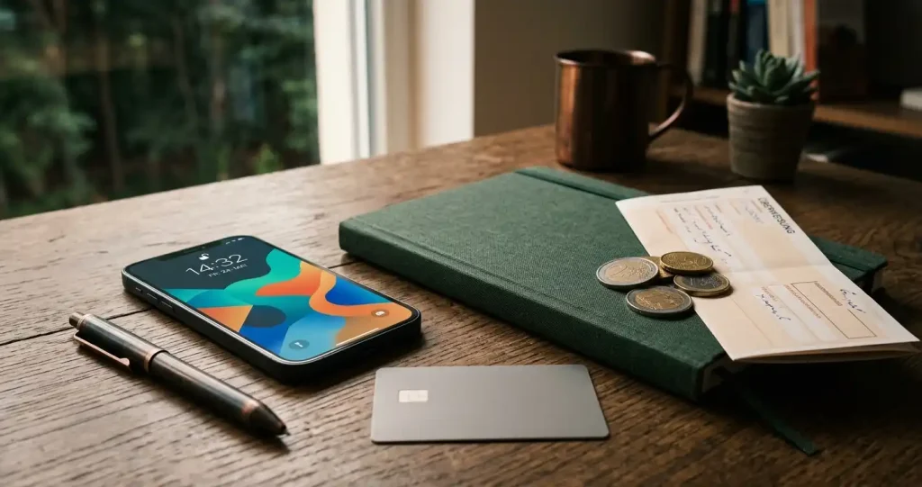 Bankkarte, Notizbuch und Smartphone mit abstrakter Wallet-Grafik auf einem Tisch