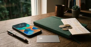 Bankkarte, Notizbuch und Smartphone mit abstrakter Wallet-Grafik auf einem Tisch