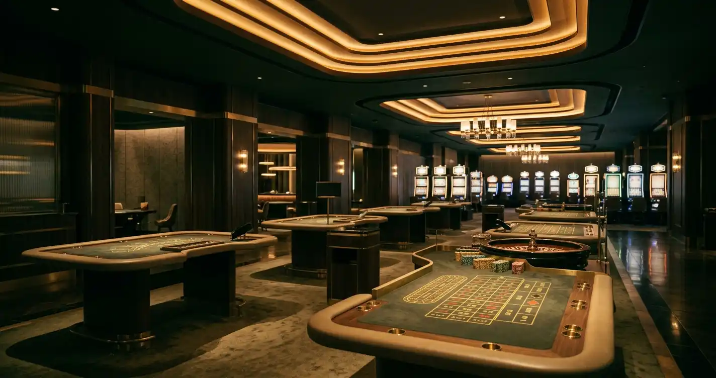 Abstrakte Casino-Lobby mit Spielautomaten und beleuchteten Spieltischen